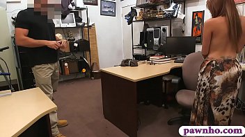 Huge boobies woman gives a nice blowjob and screwed by pawn man after posing nude with her stuff at the pawnshop